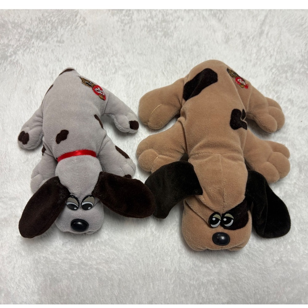 Vintage Tonka 1980s Pound Puppies Plush Set Grey Tan Spotted Dog Stuffed Animal